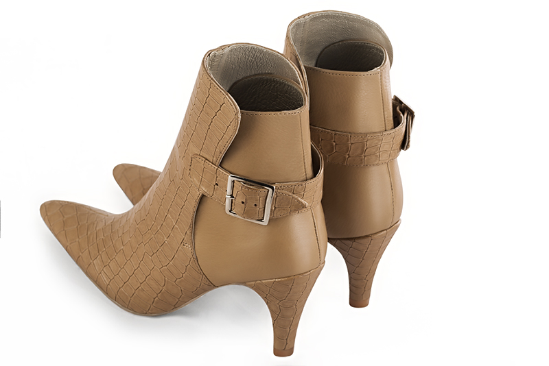 Women's camel beige elegant ankle boots, with buckles at the back. Tapered toe. High slim heel - Rear view